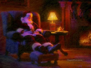 Papá Noel después de los niños de leche y galletas. Pinturas al óleo